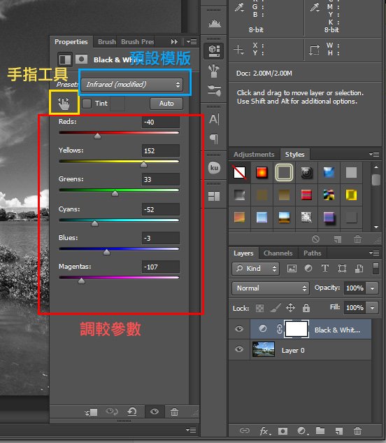 (點擊放大) 這裏可以調較黑白的參數,或是套用預設模版